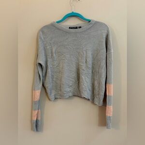 Brave Soul London Cozy Cropped Striped Long Sleeve Sweater Top Shirt, Gray Pink